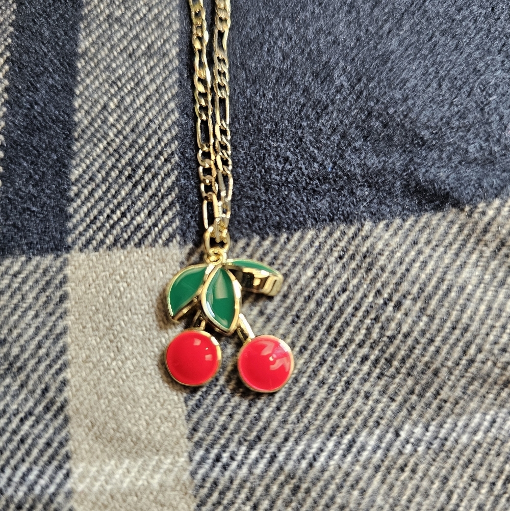 Cherry Pendant Necklace with Gold Tone Chain
